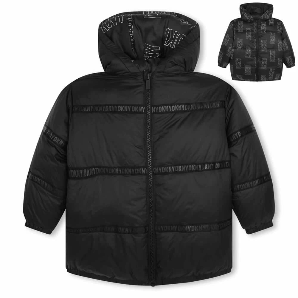 DKNY Girls Black Reversible Puffer Jacket Kids Designer Closet