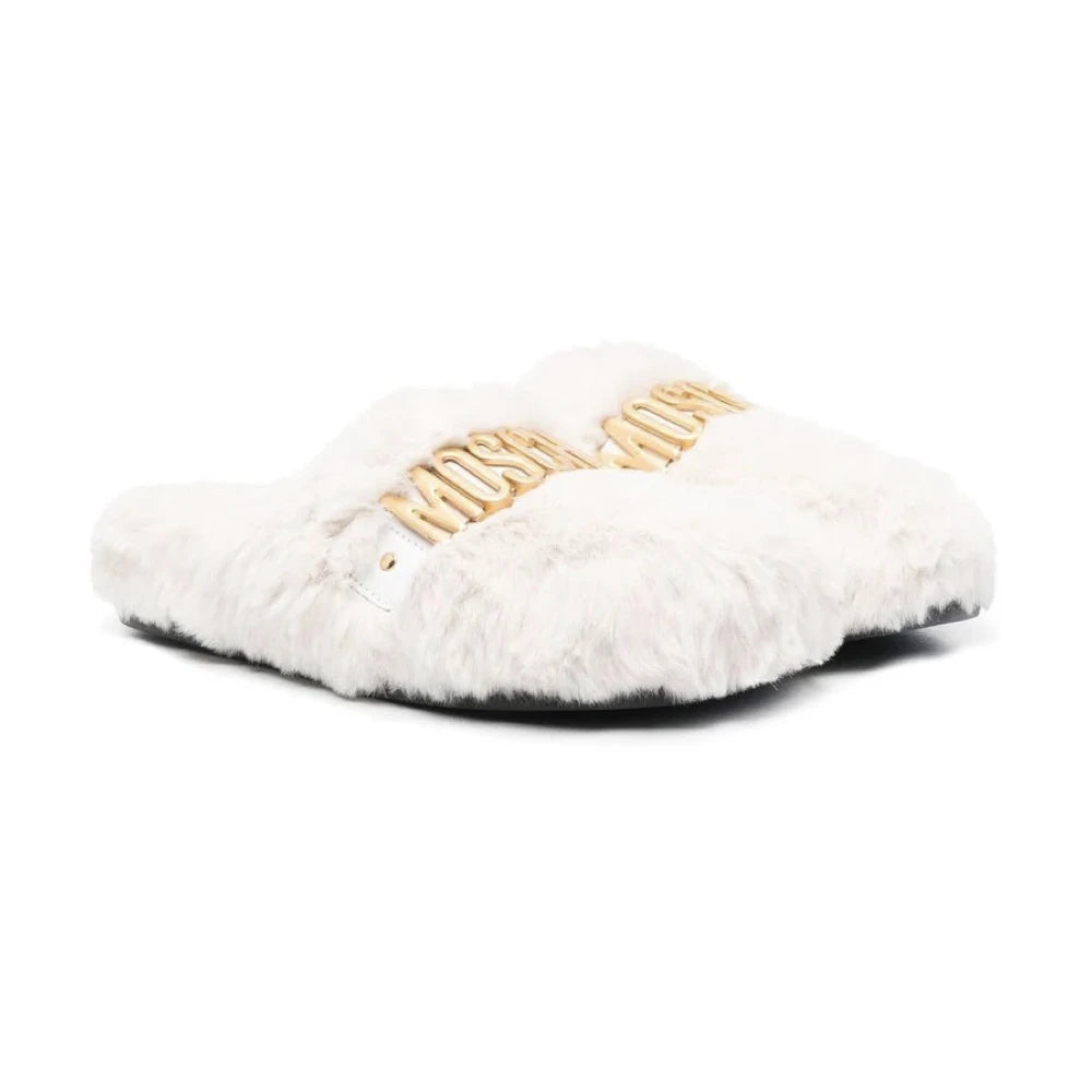 Moschino Girls White Gold Lettering Logo Soft Fur Slip on