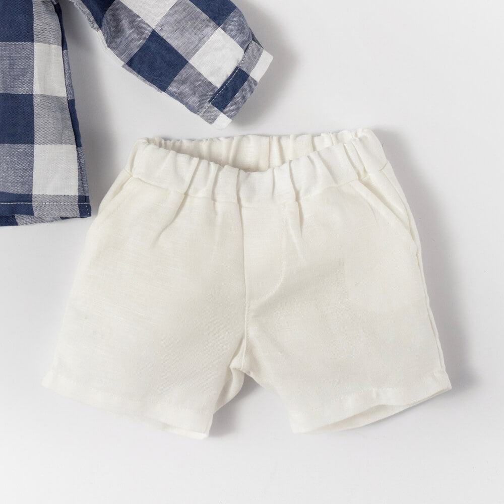 Deolinda Baby Boys Navy & White Plain Shorts And Check Shirt Combo Set