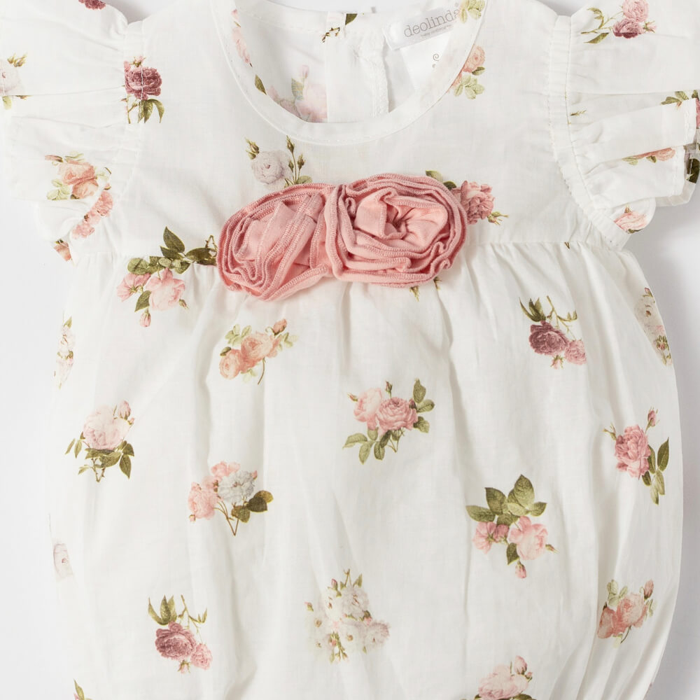 Deolinda Baby Girls White & Pink Romper With Flower Pattern