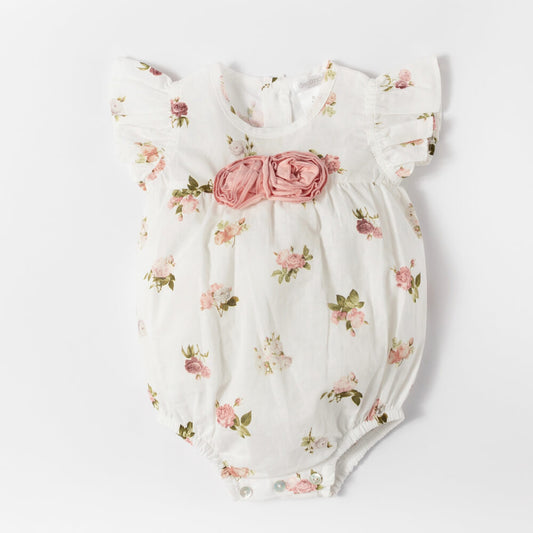 Deolinda Baby Girls White & Pink Romper With Flower Pattern