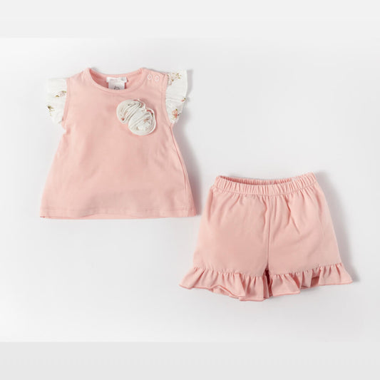 Deolinda Baby Girls Pink T-Shirt With Flower Design And Shorts Combo Set