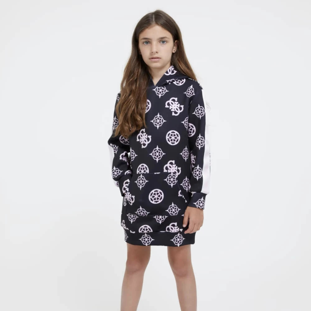 Guess Girls Black & Pink Hooded Dress With Pattern