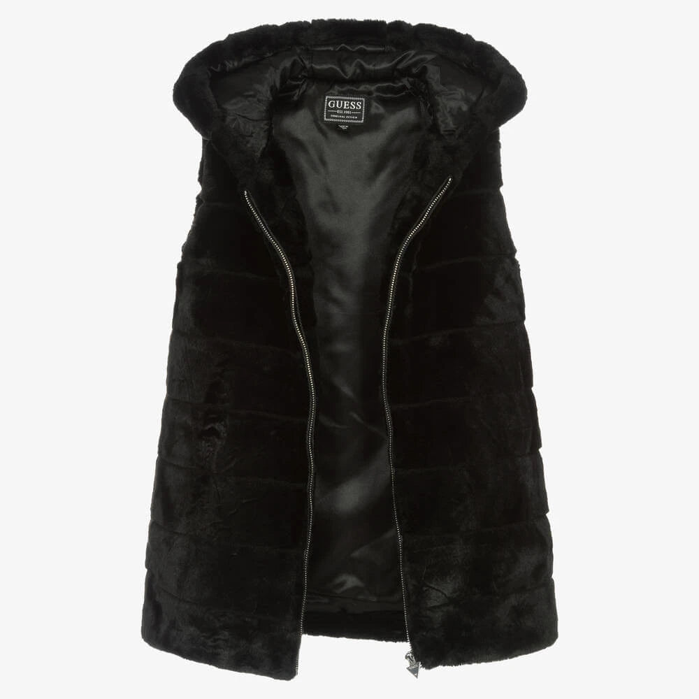 Guess Girls Black Sleevelss Faux Fur Jacket