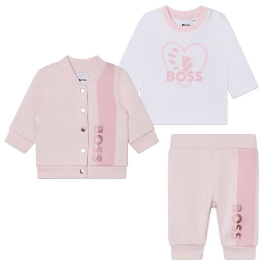 Boss Kidswear Baby Girls Pink Pale T-Shirt Joggers and Cardigan Set