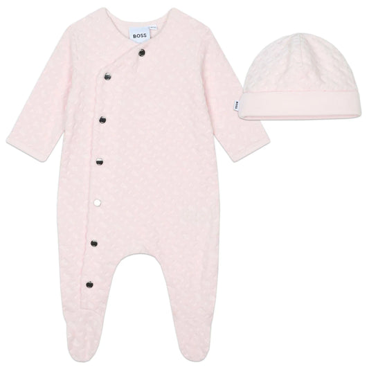 Boss Kidswear Baby Girls Pink Pale Babysuit & Pull On Hat Set