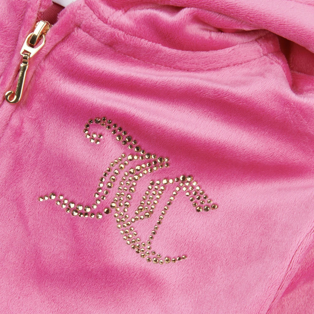 Juicy Couture Girls Pink Diamante Velour Zip Thru Hoodie