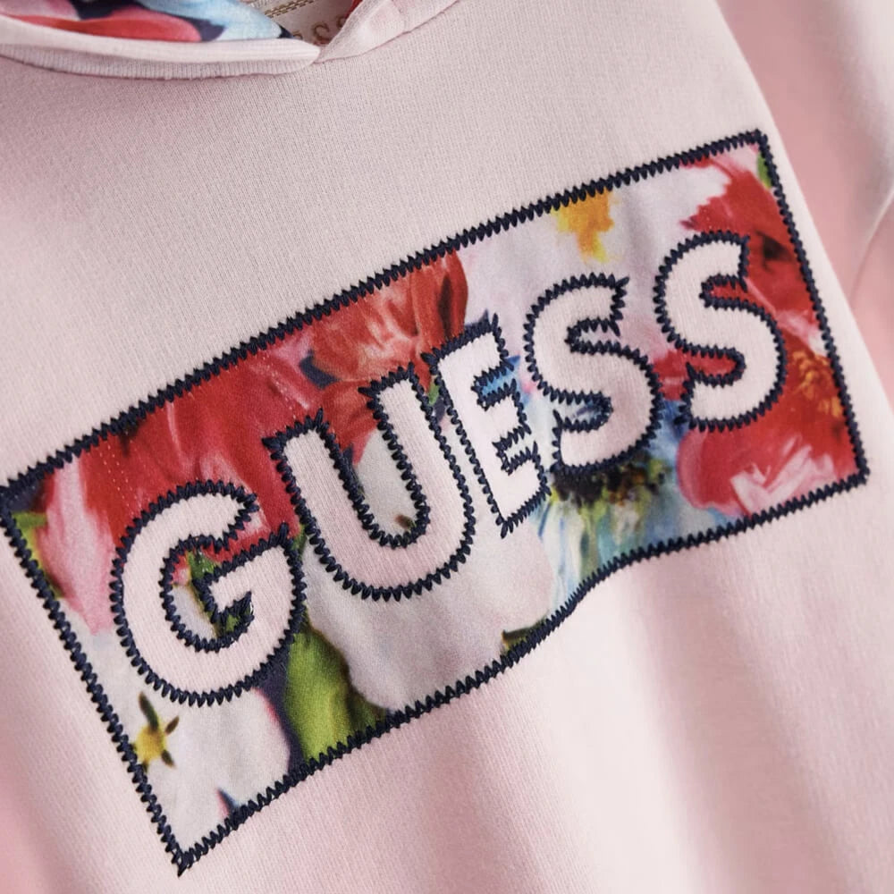 Guess Girls Pink French Terry Long Sleeved Dress With Logo