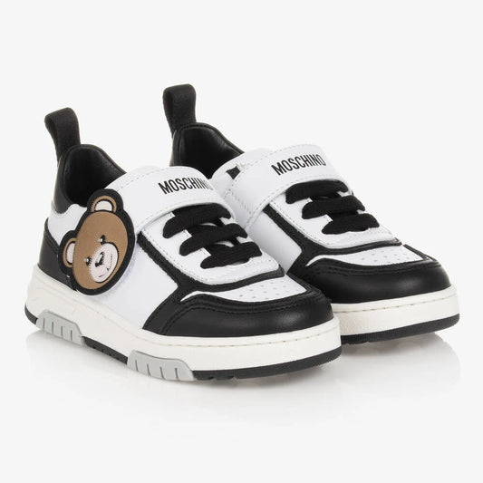 Moschino Boys White & Black Teddy Patch Trainers Lace Up & Strap