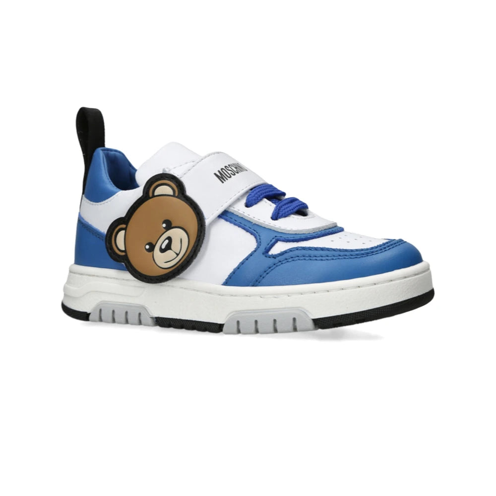 Moschino Baby Boys White & Blue Teddy Patch Trainers Lace Up & Strap