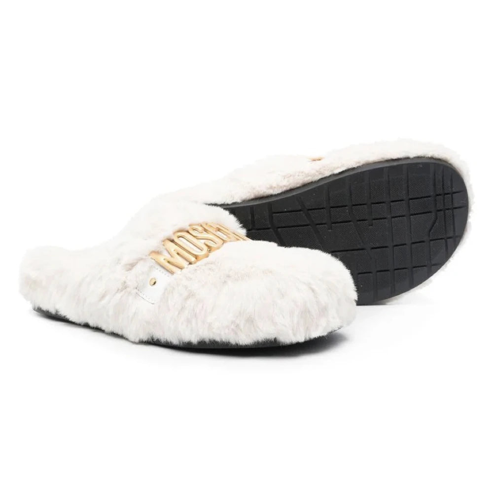 Moschino Girls White & Gold Lettering Logo Soft Fur Slip-on Sliders
