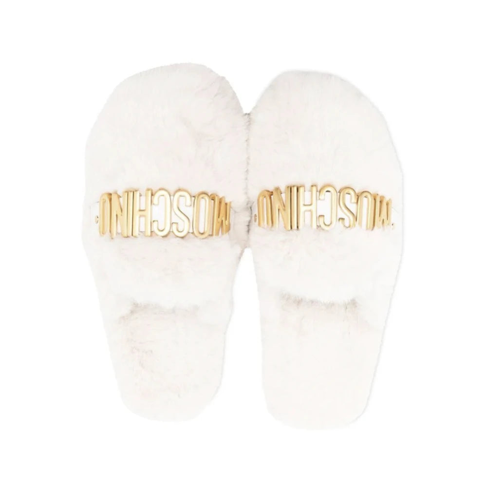 Moschino Girls White & Gold Lettering Logo Soft Fur Slip-on Sliders
