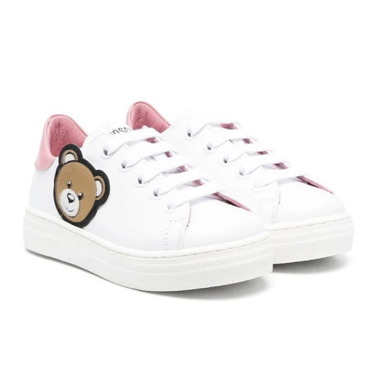 Moschino Baby Girls White & Pink Teddy Patch Trainers Lace Up & Strap