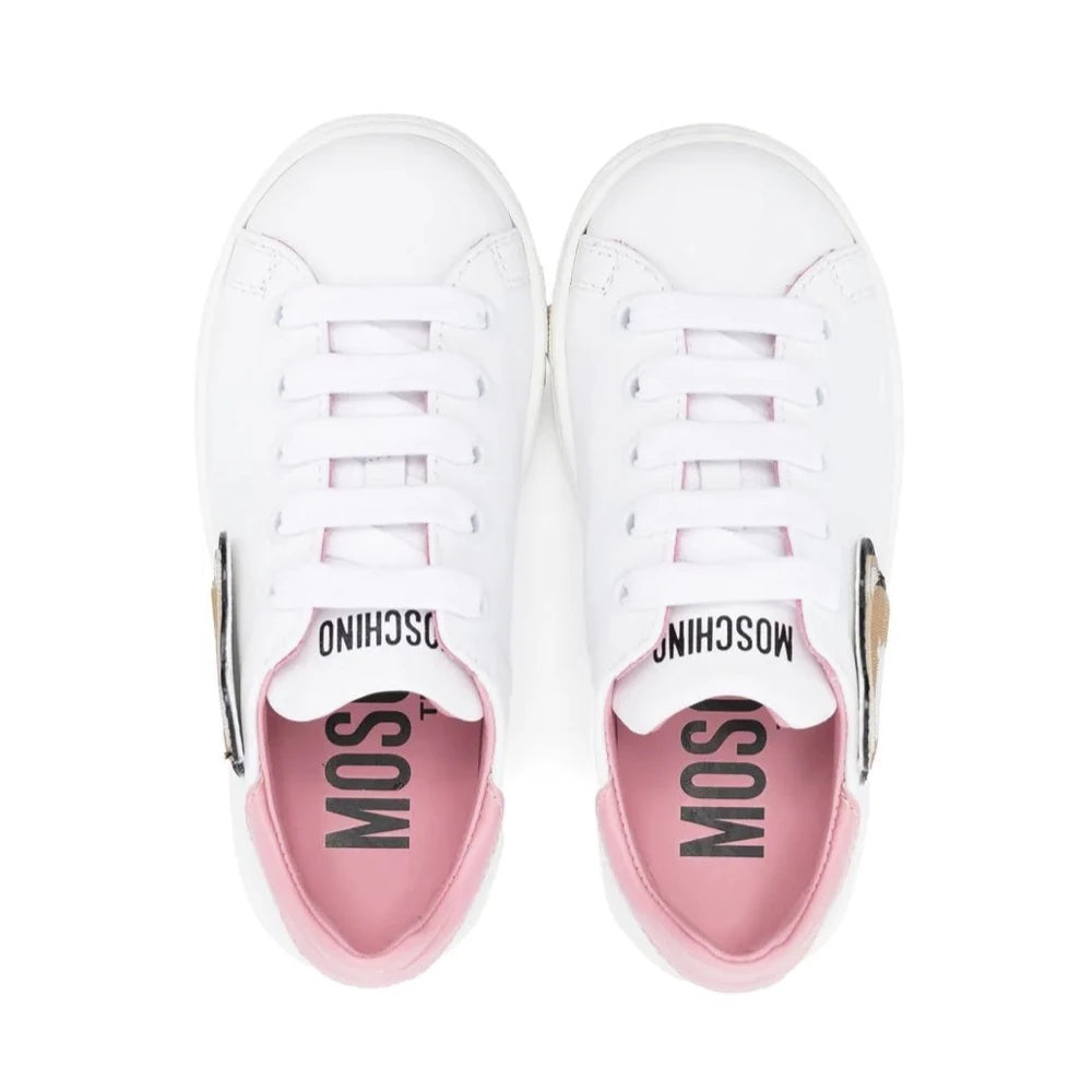 Moschino Baby Girls White & Pink Teddy Patch Trainers Lace Up & Strap