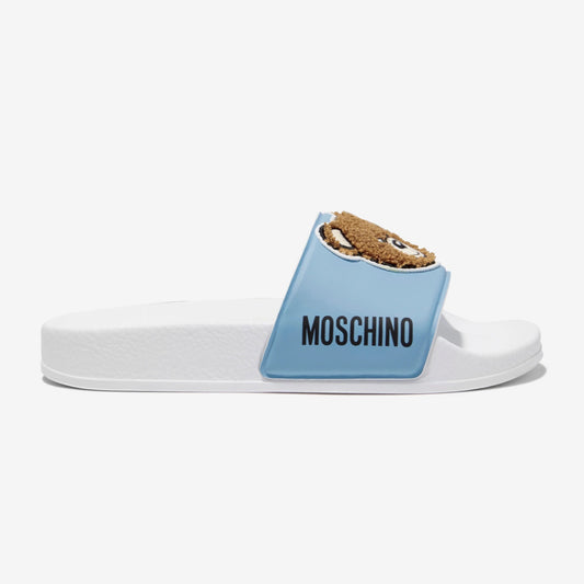 Moschino Unisex Blue & White Pool Sliders Teddy Bear Patch