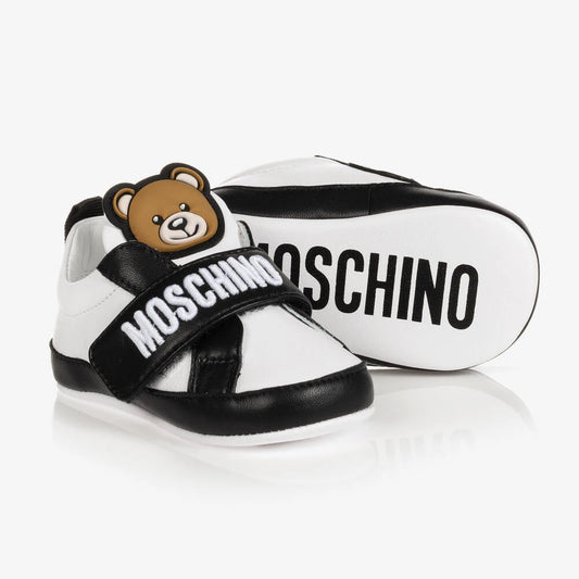 Moschino Unisex White & Black Teddy Patch & Logo Strap Trainers