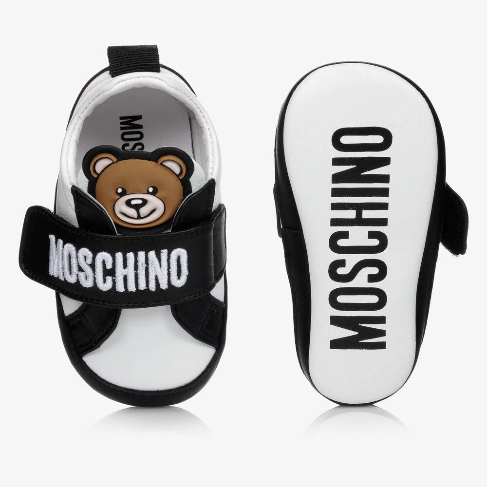 Moschino Unisex White & Black Teddy Patch & Logo Strap Trainers