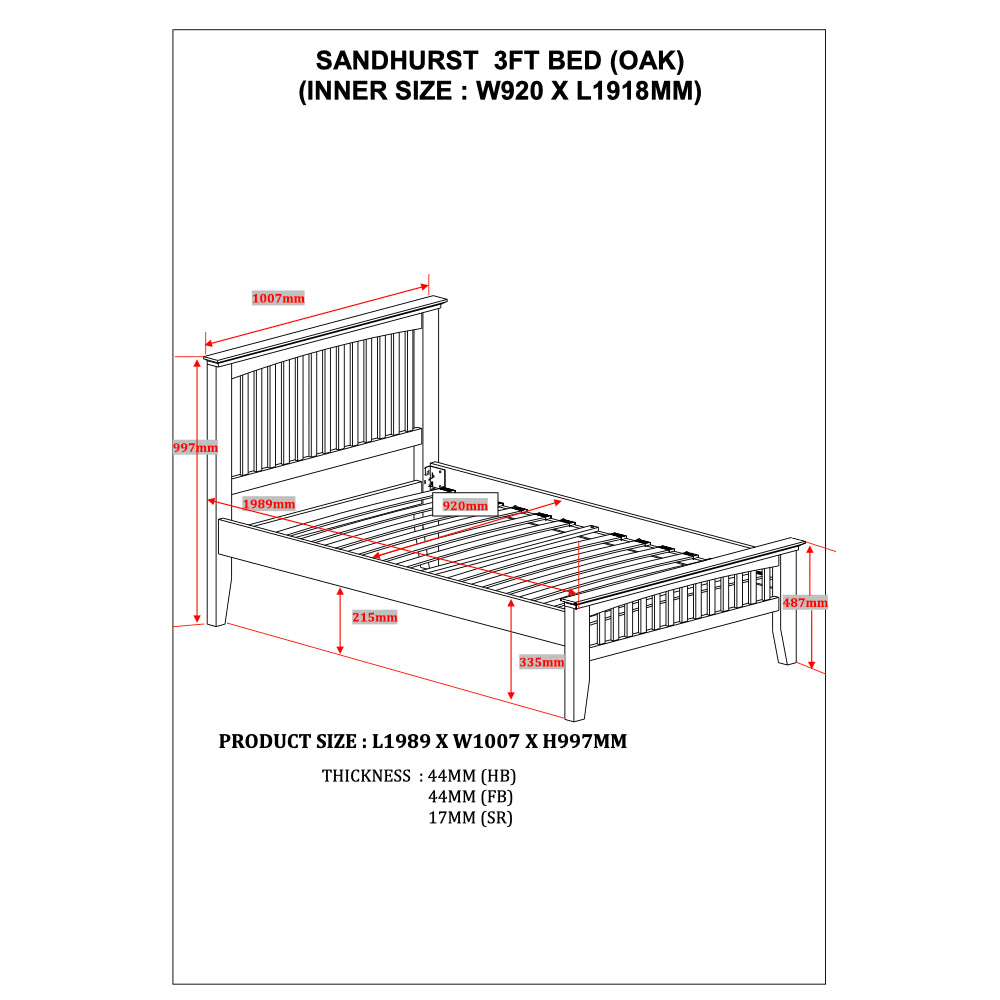 Sareer Furniture Sandhurst 3ft Kids Wooden Bed Frame Oak