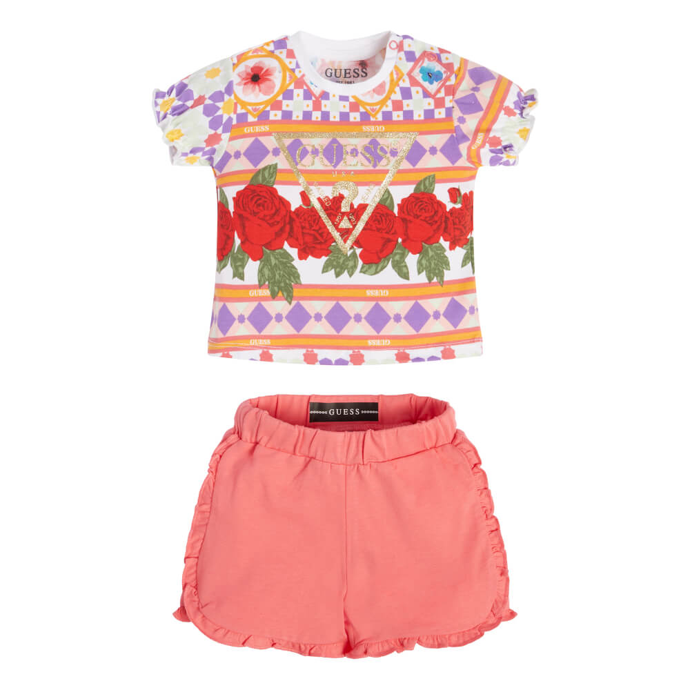 Guess Baby Girls Red & Multi-colour T-Shirt and Jersey Shorts With Patterned Flowers Combo Set