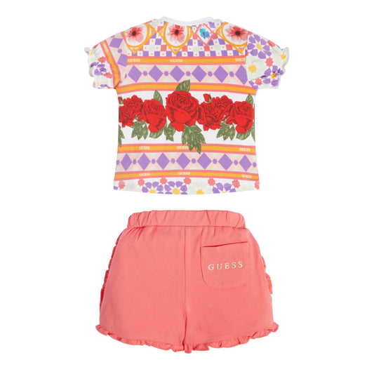Guess Baby Girls Red & Multi-colour T-Shirt and Jersey Shorts With Patterned Flowers Combo Set