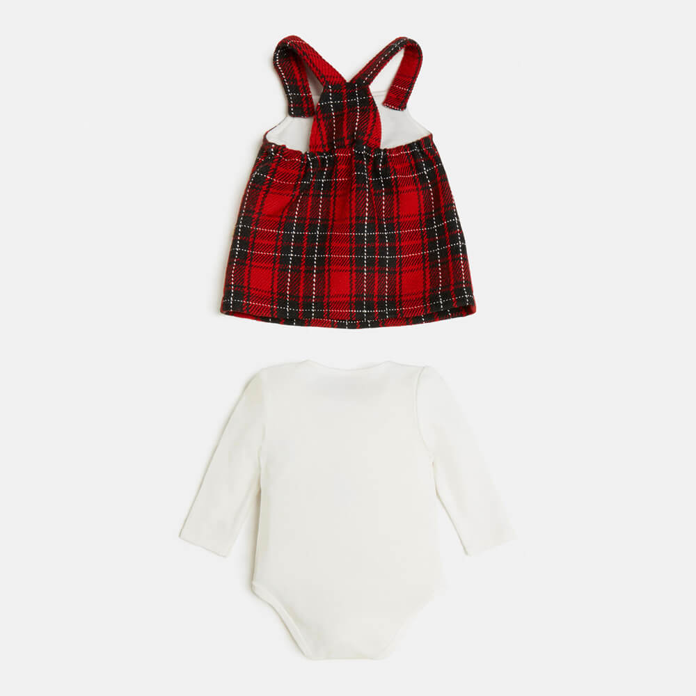 Guess Baby Girls Red, White & Black Tartan Skirt With Babysuit Combo Set
