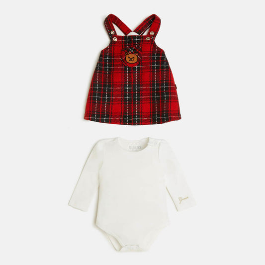 Guess Baby Girls Red, White & Black Tartan Skirt With Babysuit Combo Set