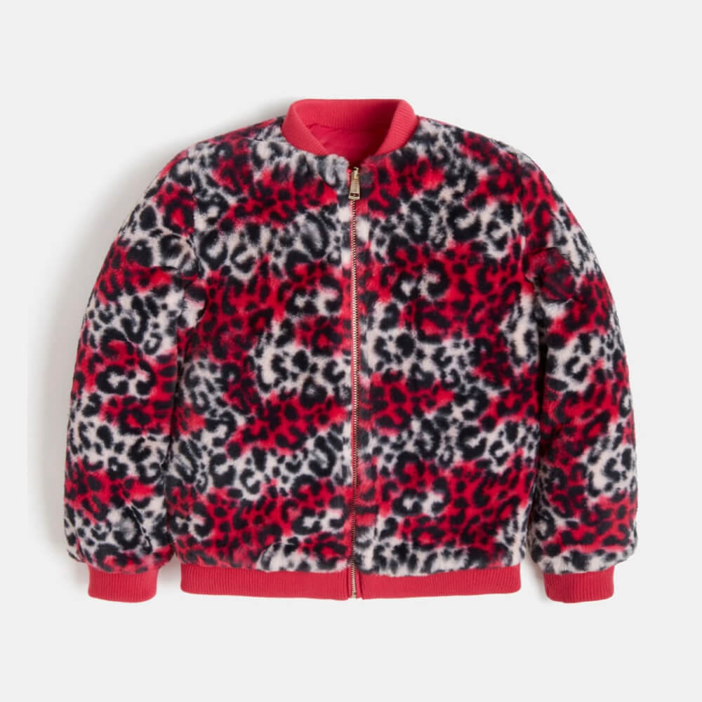 Guess Girls Red Reversible Fur & Nylon Bomber Jacket