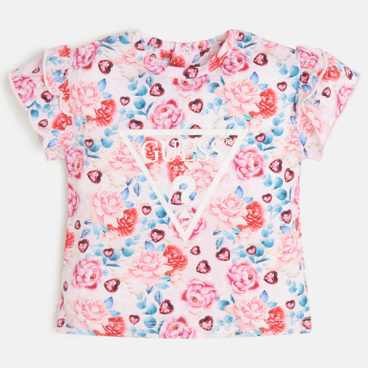Guess Girls Flower Pink Print Flower T-Shirt With Triangle Logo