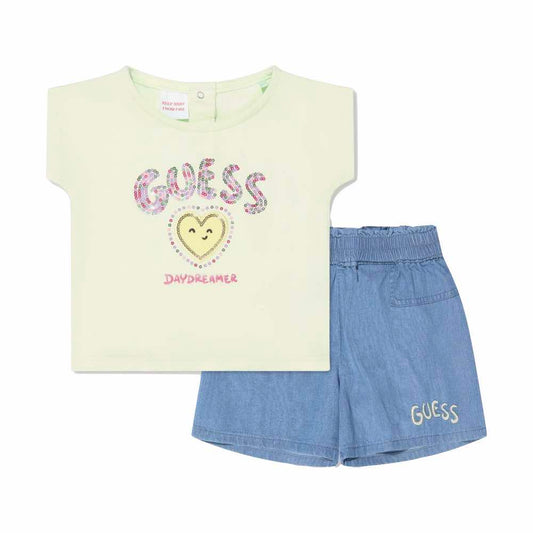 Guess Girls Green & Blue Logo T-Shirt and Chambray Shorts 