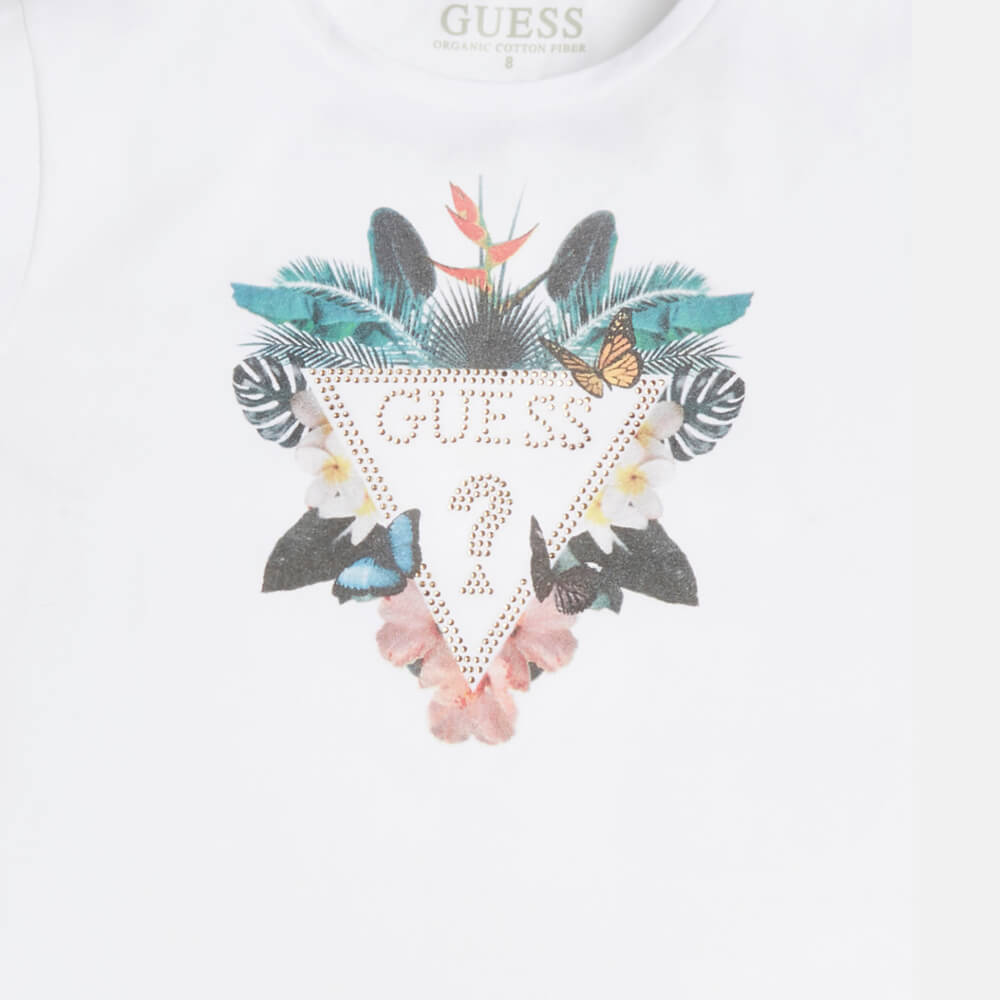 Guess Girls White Midi T-Shirt With Nature Triangle Logo