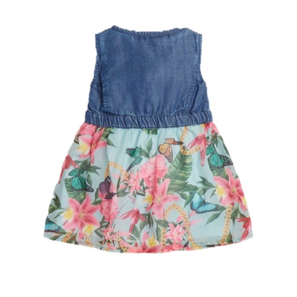 Guess Girls Multi & Blue Mixed Fabric Dress With Flower Pattern