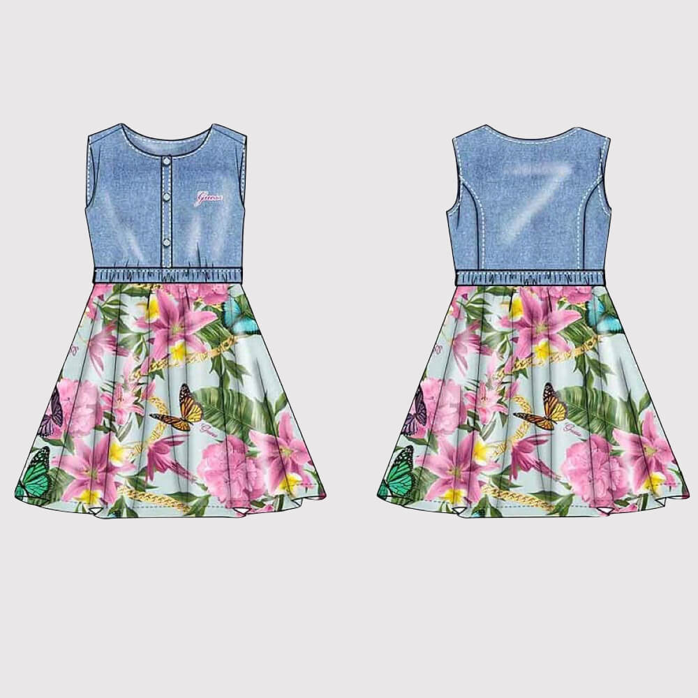 Guess Girls Multi & Blue Mixed Fabric Dress With Flower Pattern