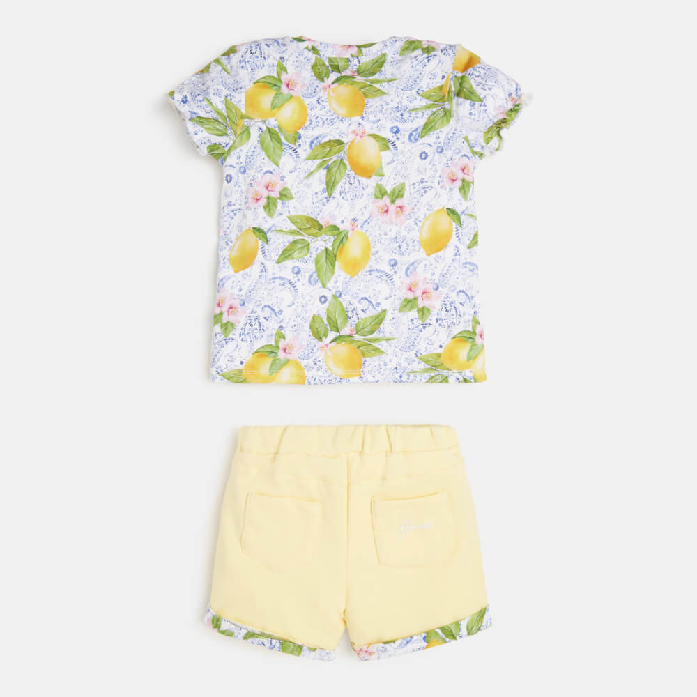Guess Girls Lemon Print T-Shirt With Lemon Pattern And Shorts Combo Set