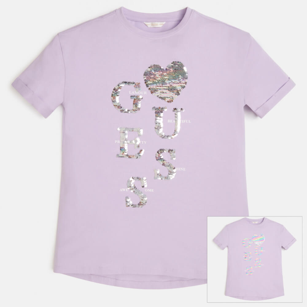 Guess Girls Purple T-Shirt With Reversible Sequin Design