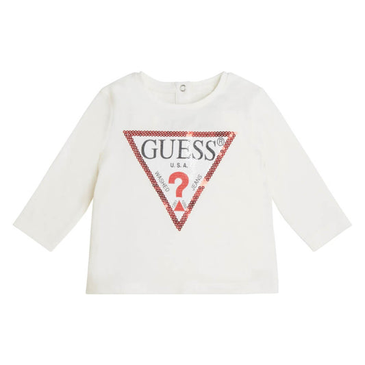 Guess Girls White Jersey Top With Triangular Logo
