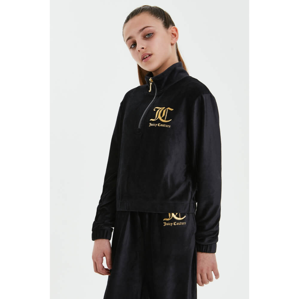 Juicy Couture Girls Black Corduroy Velour Quarter Zip Sweater