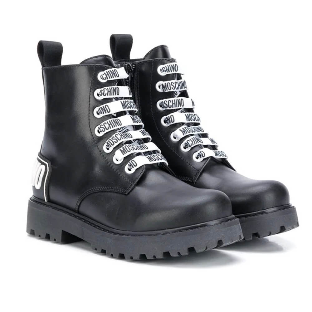 Moschino Unisex Black Ankle Boots With Laces And Rubber Logo Patch