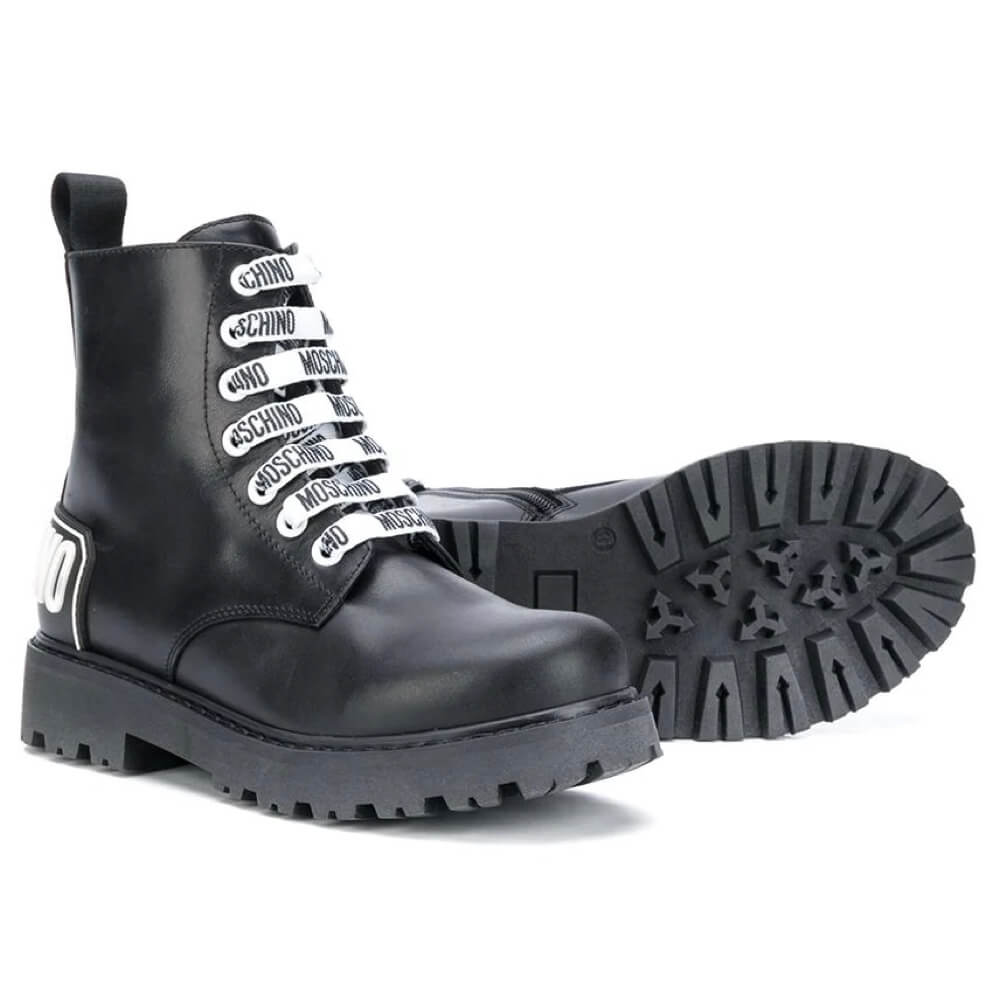 Moschino Unisex Black Ankle Boots With Laces And Rubber Logo Patch