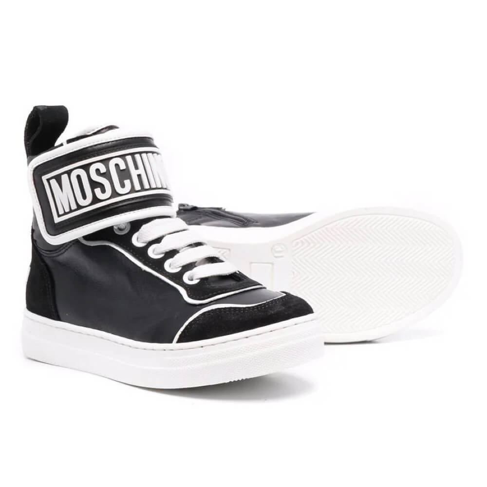 Moschino Boys Black & White Trainers High Tops With Strap Lace Up and Rubber Logo Patch