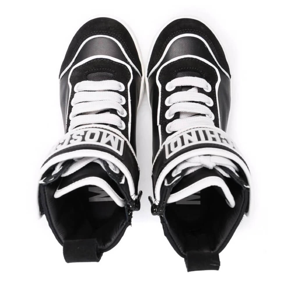 Moschino Boys Black & White Trainers High Tops With Strap Lace Up and Rubber Logo Patch