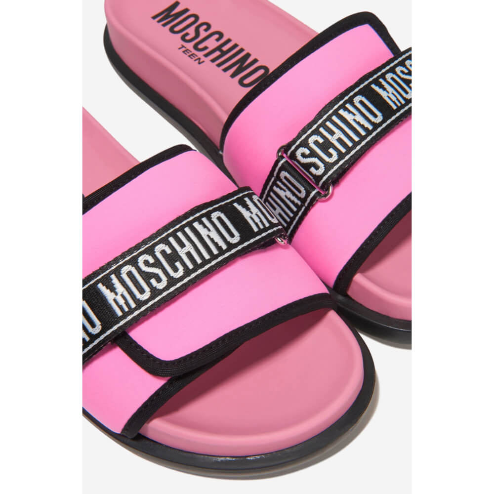 Moschino Unisex Pink, Black & White Print Sliders With Stripe Logo