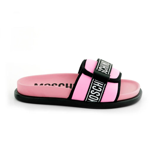 Moschino Unisex Pink, Black & White Print Sliders With Stripe Logo