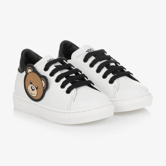 Moschino Unisex White & Black Box Sole Lace Trainers (With Teddy Bear Patch)