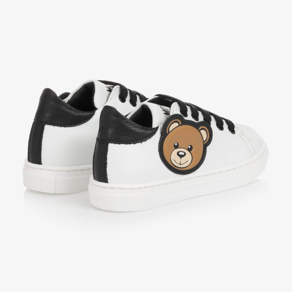 Moschino Unisex White & Black Box Sole Lace Trainers (With Teddy Bear Patch)