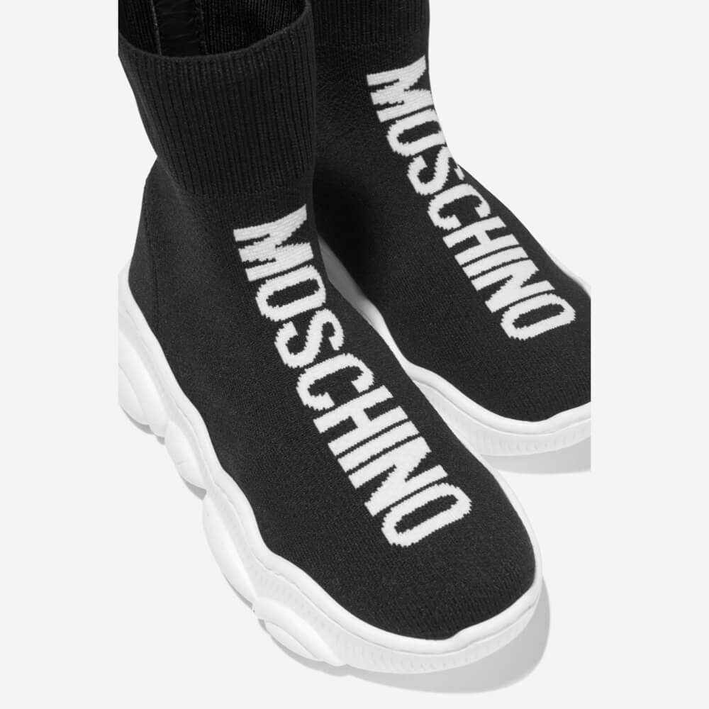 Moschino Unisex Black & White Trainers (Sock Style) Hi-Top Teddy Sole And Maxi Logo Print