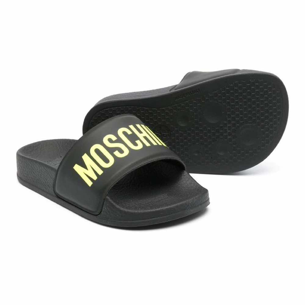 Moschino Unisex Black & Yellow Pool Sliders Maxi Logo Print