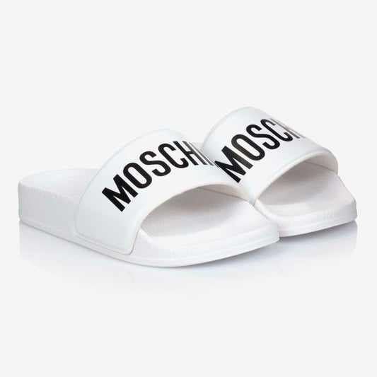 Moschino Unisex White & Black Pool Sliders Maxi Logo Print