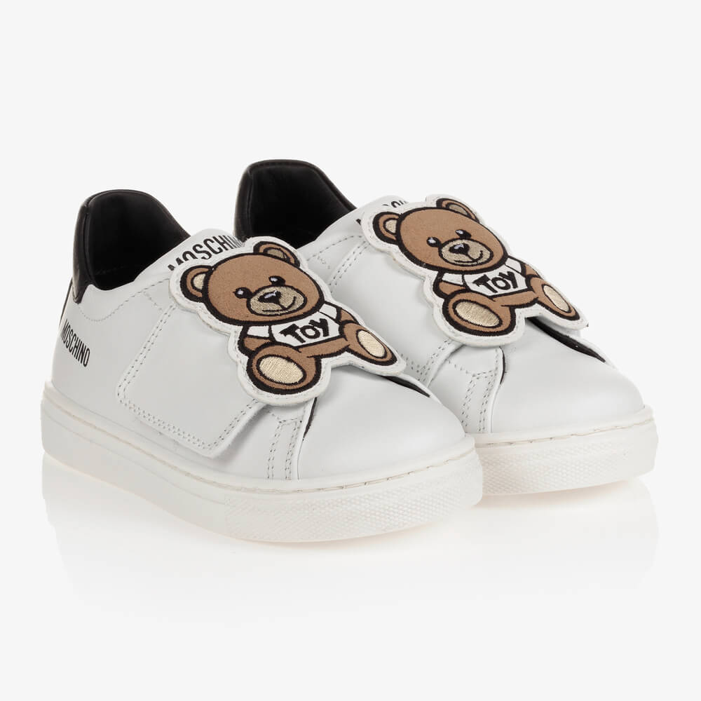 Moschino Unisex White & Black Trainers With Box Sole Strap Teddy Bear Big Patch