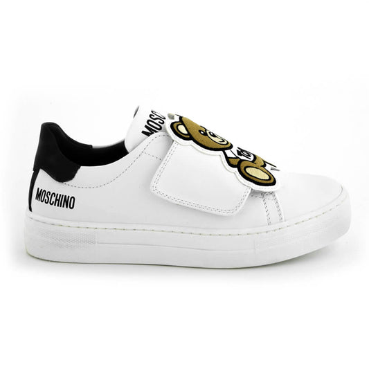 Moschino Unisex White & Black Trainers With Box Sole Strap Teddy Bear Big Patch