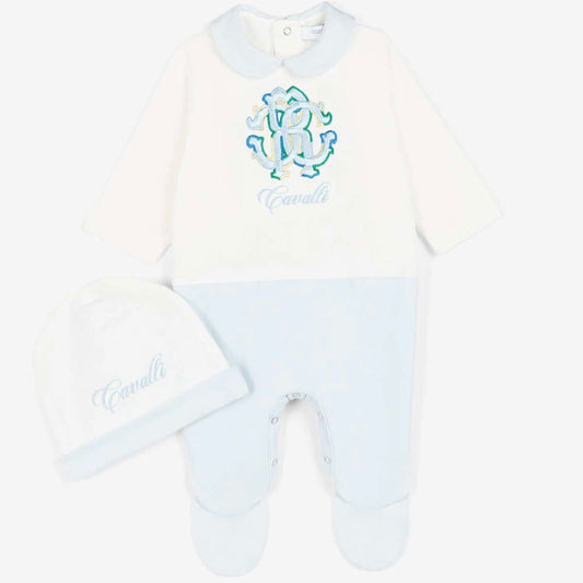 Roberto Cavalli Baby Boys Blue & White Babysuit Bonnet Heraldic